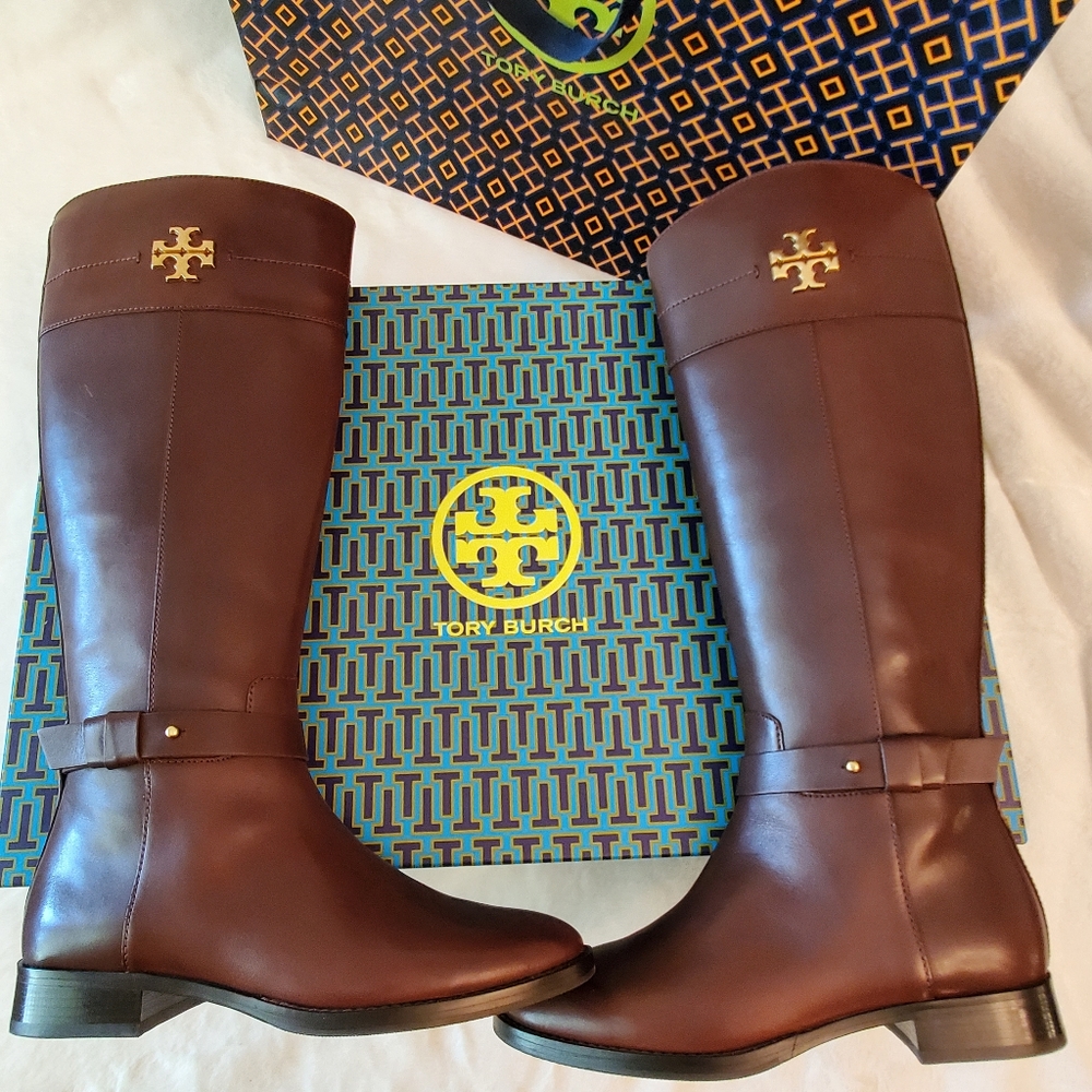 ⭐️SALE⭐️ NEW WITH TAG! TORY BURCH Everly Riding Boots Calf Leather Dark Almond - Picture 6 of 13